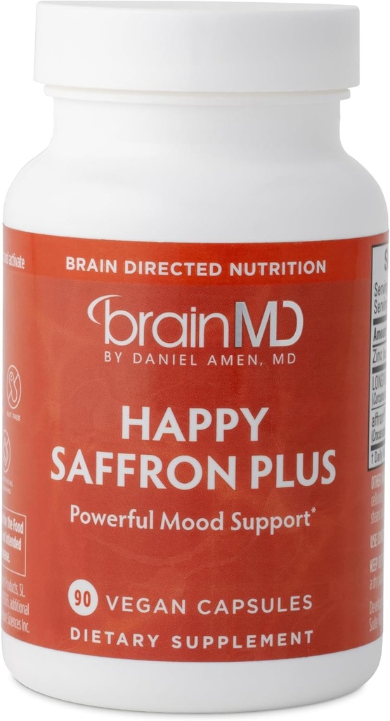 Dr. Amen BrainMD Happy Saffron Plus - 90 kapsul, pakiranje po 2 - z izvlečkom rožnega žafrana, kurkumin in cink - Vegan, Gluten brezplačno - 60 skupaj