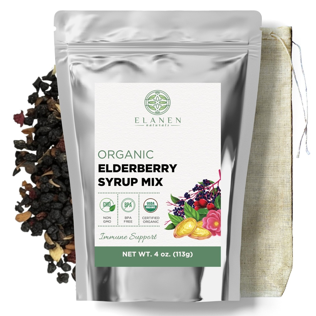 Elanen Naturals Organic Elderberry Syrup Kit, Naredi do 24 oz, Vključuje naravni bombaž Brew Bag, USDA Certified Organic Sushed Besterberries in Imunska podpora zelišča, Bulk Kit, 4 oz. (113g)