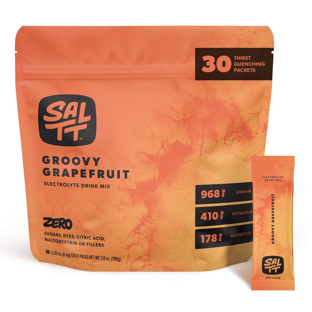 SALTT Elektroliti v prahu Aromatizirana pijača Mix - Groovy Grenivke - 30 Hydration Packets - Magnezij, Kalij, Natrij, Trace Minerals - Zero Sugar & Gluten Free - Potovalne bistvene