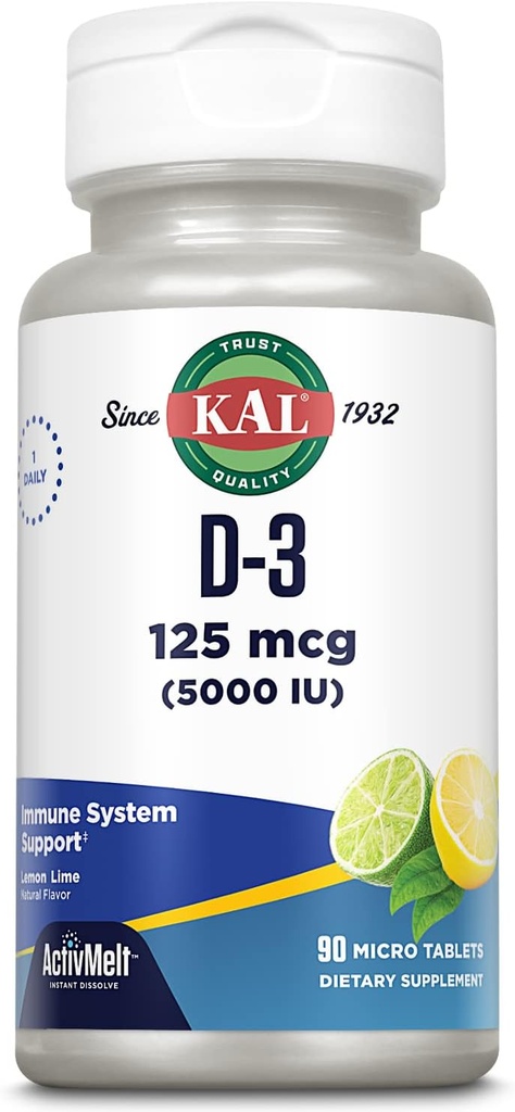 KAL Vitamin D-3 5000 i.e. ActivMelt, takojšnje raztapljanje, aroma naravne limone, zdrava imunska funkcija in podpora kosti, 90 serviranja, 90 mikro tablet