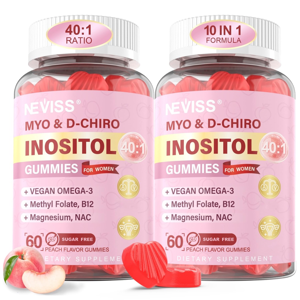 Myo-Inositol & D-Chiro Inositol Gumies za ženske 2000mg + 50mg, 40:1 Razmerje Inositol z Veganom Omega-3 + D3, Magnezijev glicinat, metil Folat + B12 za zdravje žensk in dobro počutje, sladkor brez, 120 Cts