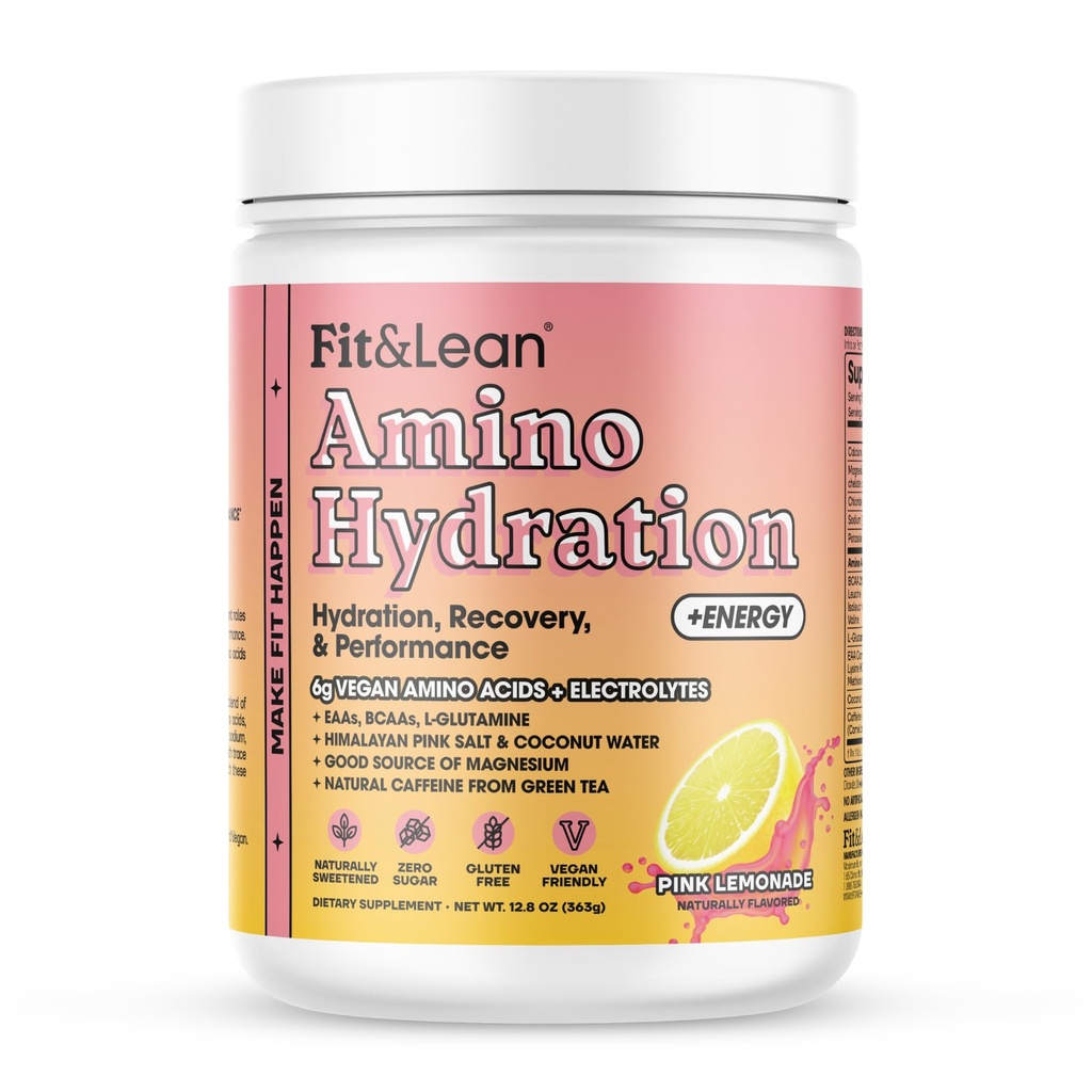 Fit & Lean Amino Hydration Plus Energy, Pre Workout Powder, 6g Veganske Essemtial Aminokisline, EAA, BCAA, Glutamin, Elektroliti in naravni kofein, Roza limonada, 30 Serve