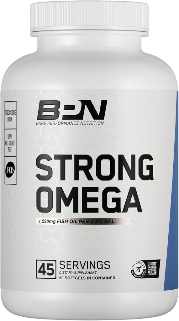 Bare Performance HRANILNO, BPN Strong Omega Fish Oil Soft Gel, 1290mg ribje olje na kapsulo, Divje ujete ribe, Trajno izvorno, IFOS Certified