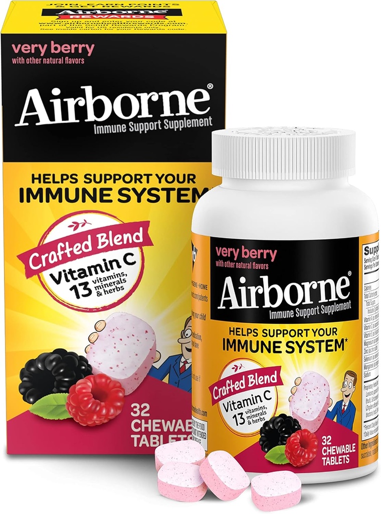 Zračni vitamin C 1000mg (na obrok) Zelo žvečljive tablete Berry (32 število v škatli), Gluten-free Imune Support, z vitamini A C E, ZINC, Selen, Echinacea & Ginger, Antioksidanti