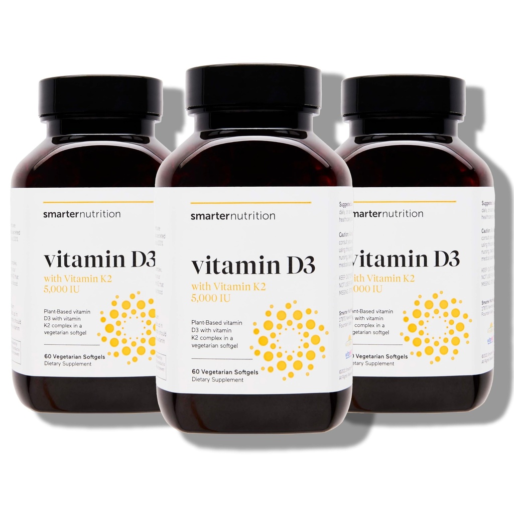 SMARTERNUTRITION Vegan Vitamin D3 5000 i.e. + Naravni vitamin K2 1100 mcg v organskem kokosu in oljčnem olju - D3 K2 dodatek za podporo imunskemu olju in kosteh - 180 softgels[90-dnevna oskrba]