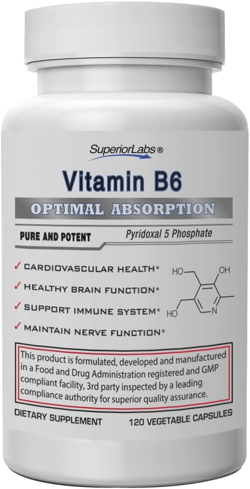 Superior Labs Vitamin B6 50mg, Pure Non-GMO dopolnilo, visoka absorpcija, Podpira Imunski in živčni sistem, delovanje možganov, Presnova in zdravje srca, Bistveno za proizvodnjo hemoglobina, 120 Veg Caps