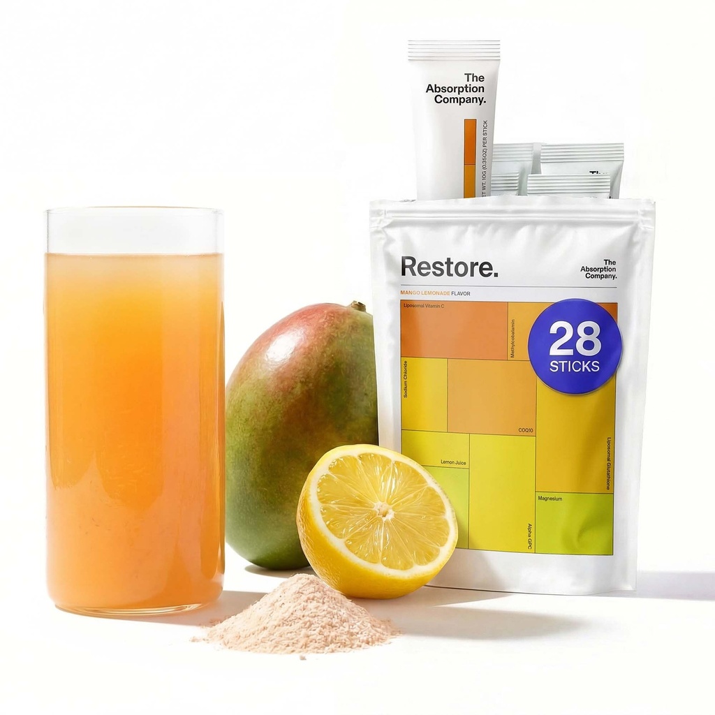 The Absorption Company Electrolyte Powder Packets - Workout Recovery & Hydration Drink Mix with Liposomal Glutathione, Vitamin C & Methylated B Vitamins - Mango Lemonade (28 Sticks)