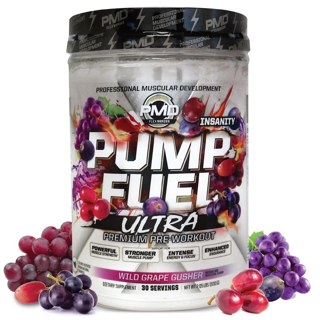 PMD športna črpalka Ultra Insanity - Premium Preworkout Powder & Muscle Pump, večji fokus, vzdržljivost in regeneracija, Premium Kreatin, Arginin & Beta Alanine - Wild Grape Gusher (30 strežb)