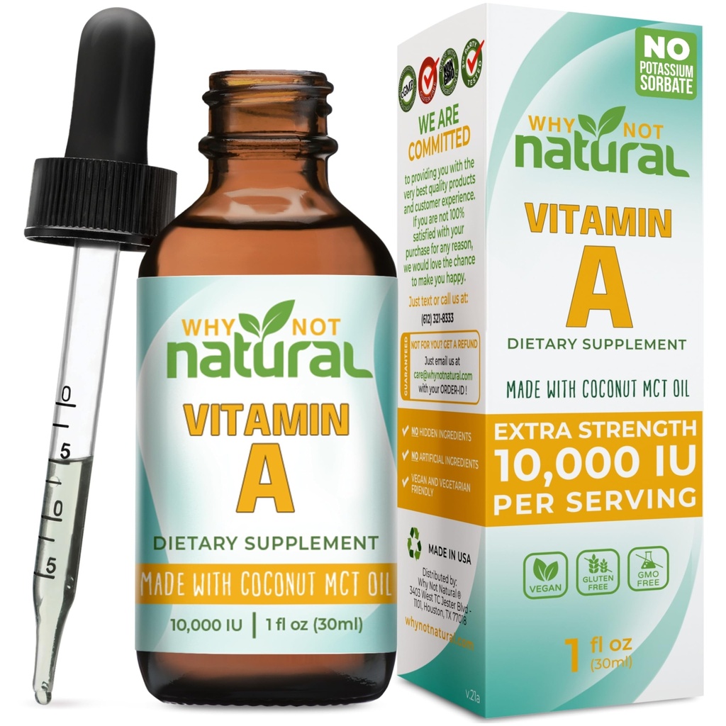 Zakaj ne naravne kapljice vitamina A 10000 i.e. - tekoči retinil palmitat s kokosovim MCT oljem, veganski VIT A dodatek za kožo - 1 oz podjezična tinktura