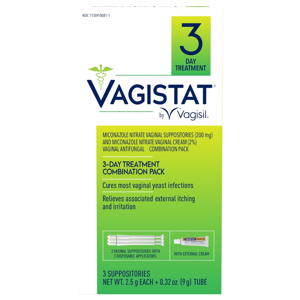 Zdravilo Vagisil Vagistat 3 dan Zdravljenje okužb z kvasom za ženske, lajšanje zunanjega srbenja in draženja - 2% krema za zunanji mikonazol nitrat, 3 nadomestljivi supozitoriji in aplikatorji (paket s 1)