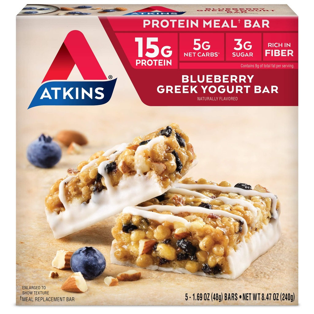 Atkins Blueberry Greek Jogurt Protein Meal Bar, High Fiber, 15g Protein, 3g Sladkor, 5g Net Carbs, Nadomestek obroka, Keto prijazno, 5 Število