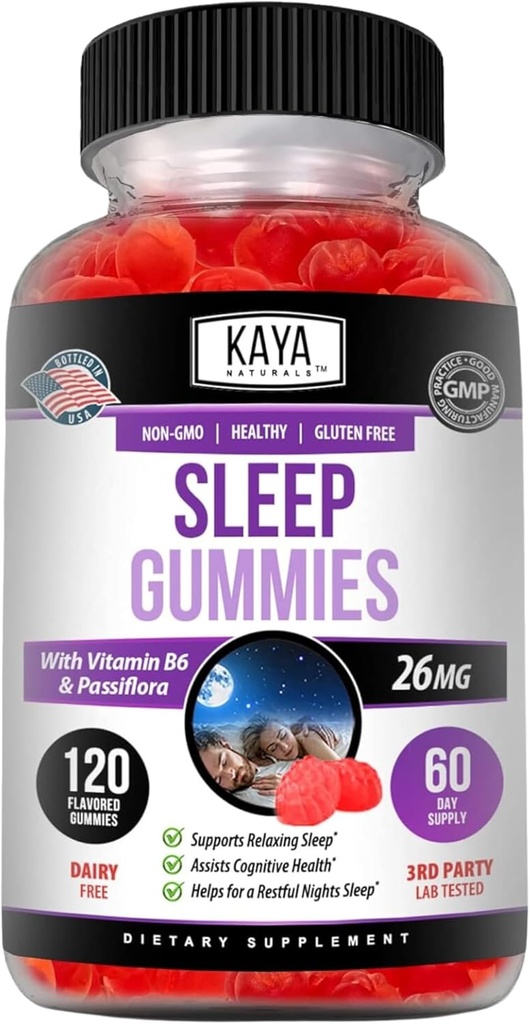Kaya Naturals Sleep Gummies (26mg) - Zdravstveno dopolnilo in pomoč za spanje za odrasle - vitamin B6 in melatonin Gummies - Gummy Vitamini za ženske in moške - 120 Count