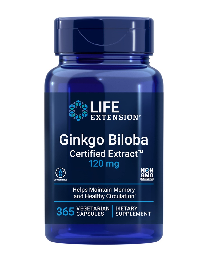 Life Extension Ginkgo Biloba Certified ExtractTM, 120 mg, pomaga ohranjati spomin in kognicijo, Gluten-free, Non-GMO, Vegetarian, 365 kapsul
