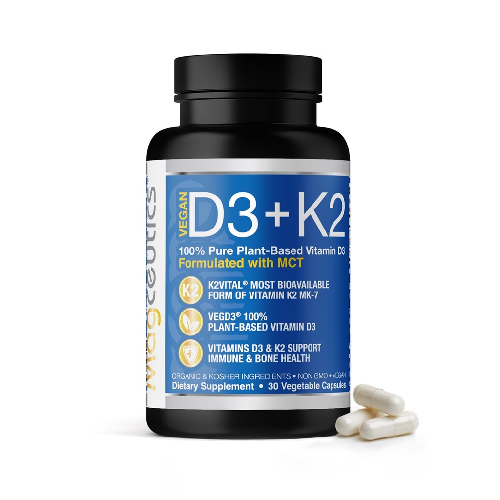 Vitamin D3 K2 z MCT, 5000 i.e. Vegan D3 & 100 mcg MK7 K2, podpora močnemu kosti in imunskemu zdravju - 30 kapsul (30 dni oskrbe)