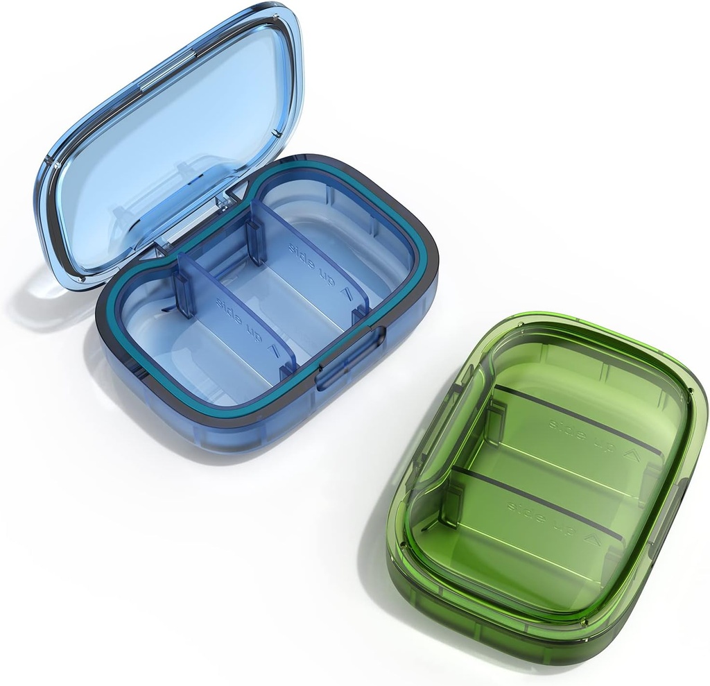 2 Pack 3 Kompartment majhne tablete Box, Vlažen dokaz primer, Potovalni organizator za žepno torbico, Dnevni prenosljivi Medicine Vitamin Container, Ribje olje in dodatno skladiščenje