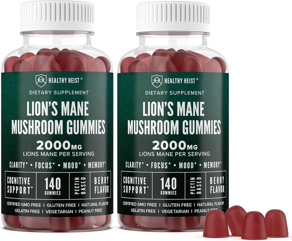 Levi Mane gobe Gumies za odrasle, 280 Count Bulk Lion's Mane Žvečljivke, Visoka moč 10:1 Organski ekstrakt znaša 2000mg, Dopolnilo podpira mentalno jasnost, Focus, Mood in možganov Fog, 2 Pack