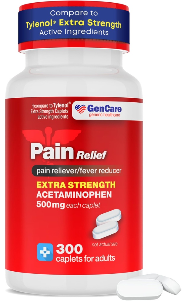 GenCare - Acetaminofen 500mg Dodatna bolečina Relief (300 Kapleti) - Multi Symptom bolečine Reliever za glavobol, Sinus, Artritis, bolečine v hrbtu bolečine mišice, zobobol, zvišana telesna temperatura reduktor, migrena