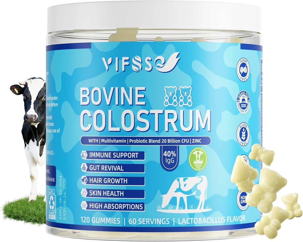 Grass Fed Colostrum dodatek 2000mg, 120 Gummies Sladkor Brez sladkorja 40% IgG Goveji Colostrum Gumies + Probiotik, Multivitaminski Etc za imuno podporo, Gut Podpora, Lasje & koža