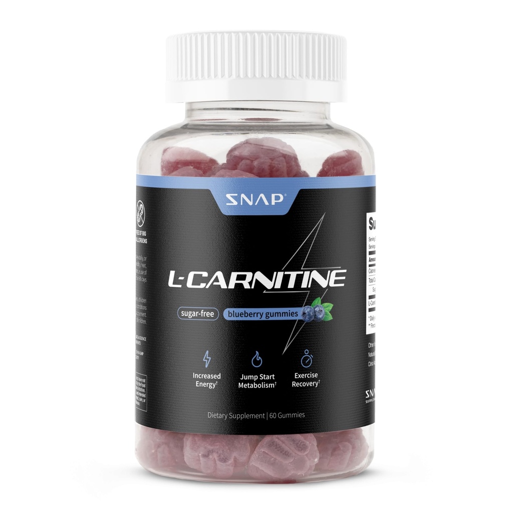Sladkor brez sladkorja L Carnitine 500mg Gummy - Naravne pred vadbo L-karnitine dodatek - Povečana energija, hitrejše okrevanje, povečanje presnove, Pred vadbo za ženske in moške, borovničeve arome (60 Gumies)