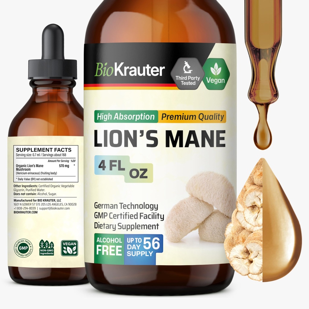 BIO KRAUTER® Lions Mane for Focus Support & Brain Health - Vegan Lion's Mane Mushroom Supplement, Natural Clarity & Immune Support - 4 Fl.Oz., 56-Day Supply, Alcohol & Sugar Free