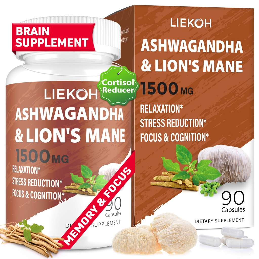 Lions Mane Supplement Capsules & Ashwagandha, Brain Health Supplement for Memory and Focus, Ashwagandha Supplements with Rhodiola & Black Pepper, Cortisol Supplements for Women & Men,90 Caps