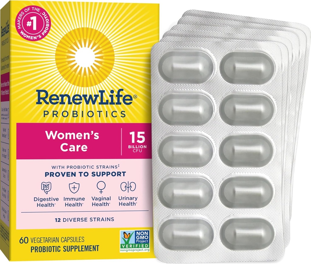 Renew Life Ženske probiotične kapsule, Podpira vaginalne, urinarne, Prebavne in imunskega zdravja, L. Rhamnosus GG, Mlečni, Soja in gluten brez, 15 milijard CFU, 60 Število