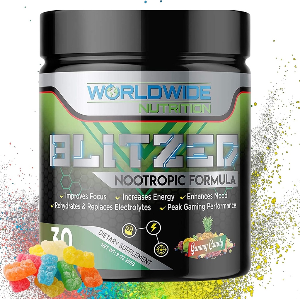 Svetovna prehrana Blitzed Nootropic Formula - All Natural Energy Drink Mix Powder - Možgani dopolnila za spomin in fokus - Izboljšana fokus in energijska dopolnila- Gummy Candy Flavor - 30 Servings