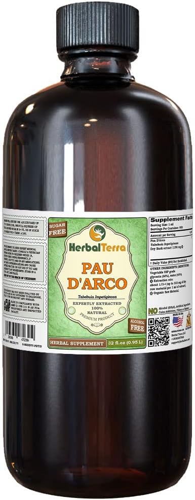 PAU d'arco (Tabebuia Impetiginosa) Glicerit, posušen tekoči ekstrakt brez alkohola (Brand Name: HerbalTerra, Proudly Made in USA) 32 fl.oz (0,95 l)