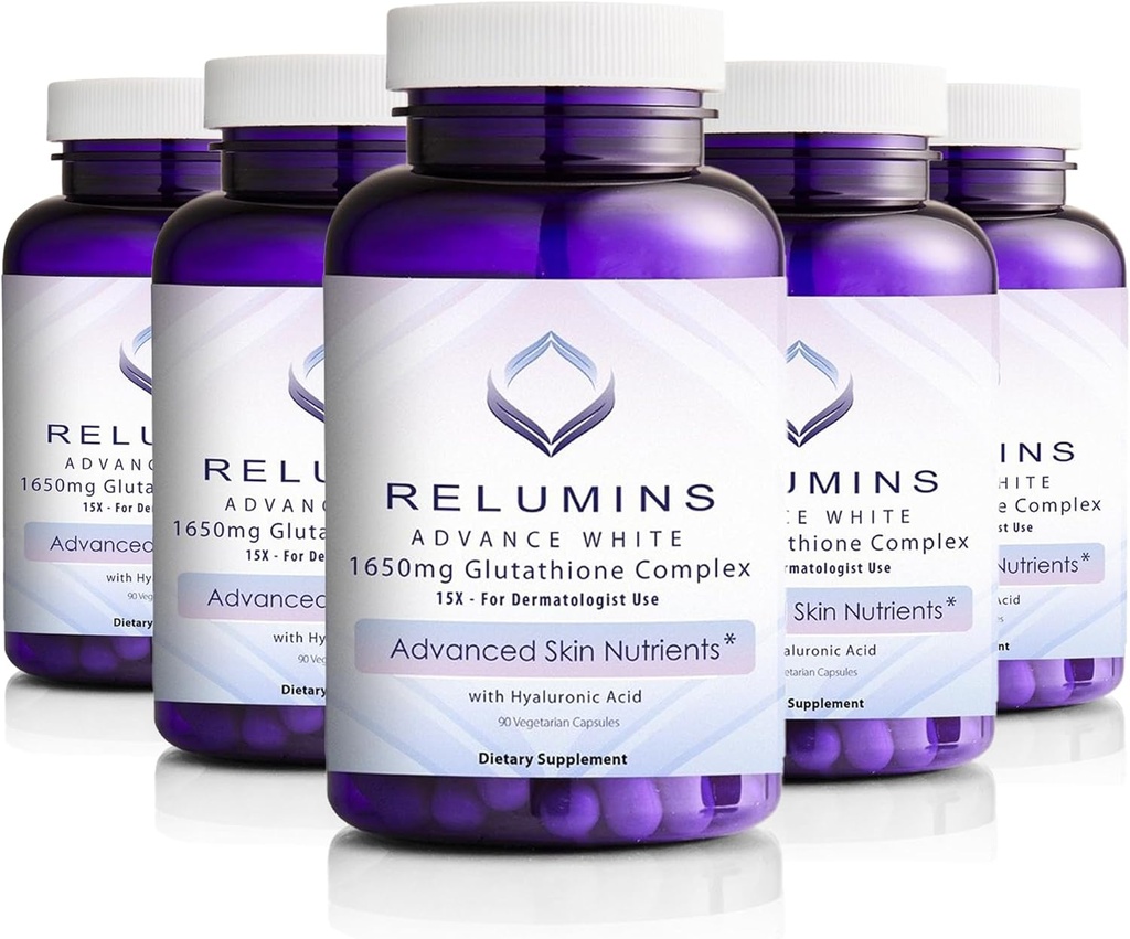 Relumini 1650 mg L-glutation kompleks s hialuronsko kislino, alfa lipojsko kislino, Rose HIPS, vitamin E in riboflavin, antioksidant podpora, hidracija kože in wellness, Izdelano v ZDA – 90 kapsul x 5 steklenic