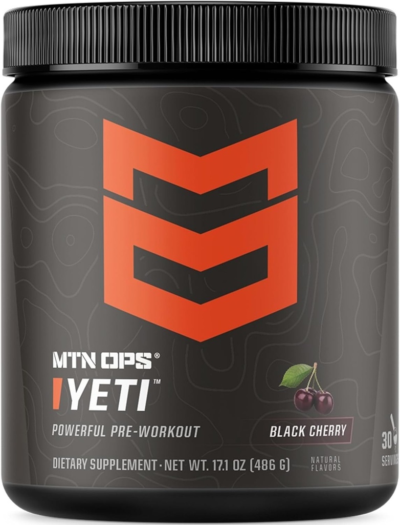 MTN OPS Yeti Predworkout Powder Energy Drink with Creatine, 200mg Kofein & BCAA z Beta Alaninom, 30-serving Tub, Black Cherry