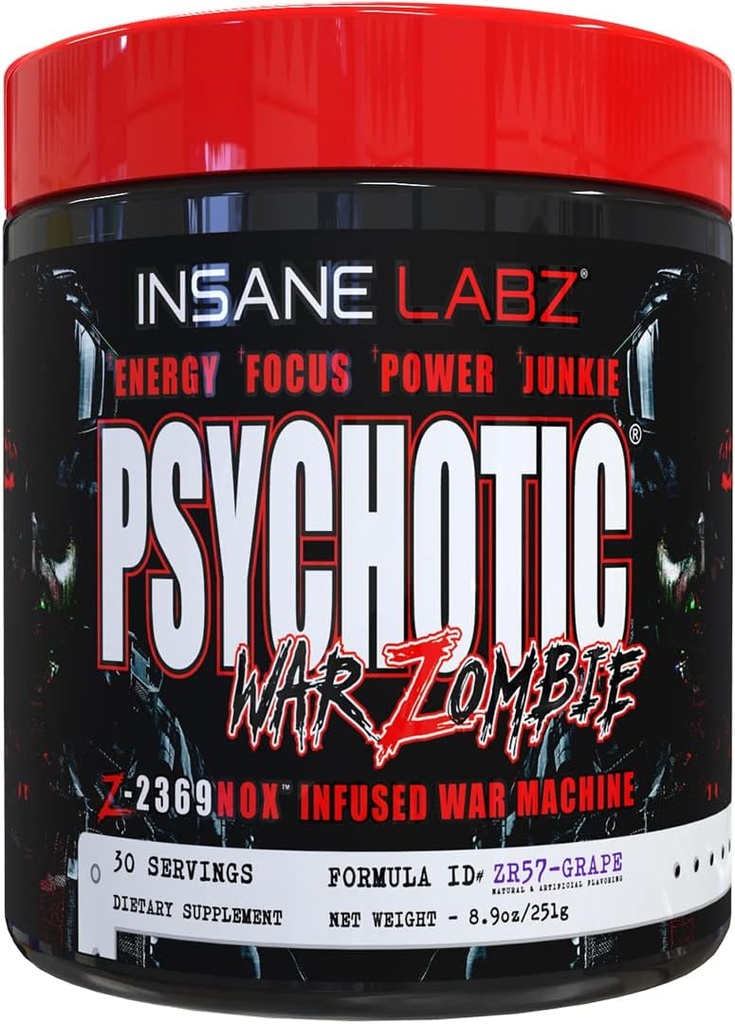 Insane Labz psihotična vojna Zombie High Stimulant Pre Workout Powder, Extreme Trading Energy, Focus and Pump with Beta Alanine, L-Arginin, 30 Serving (Grape)