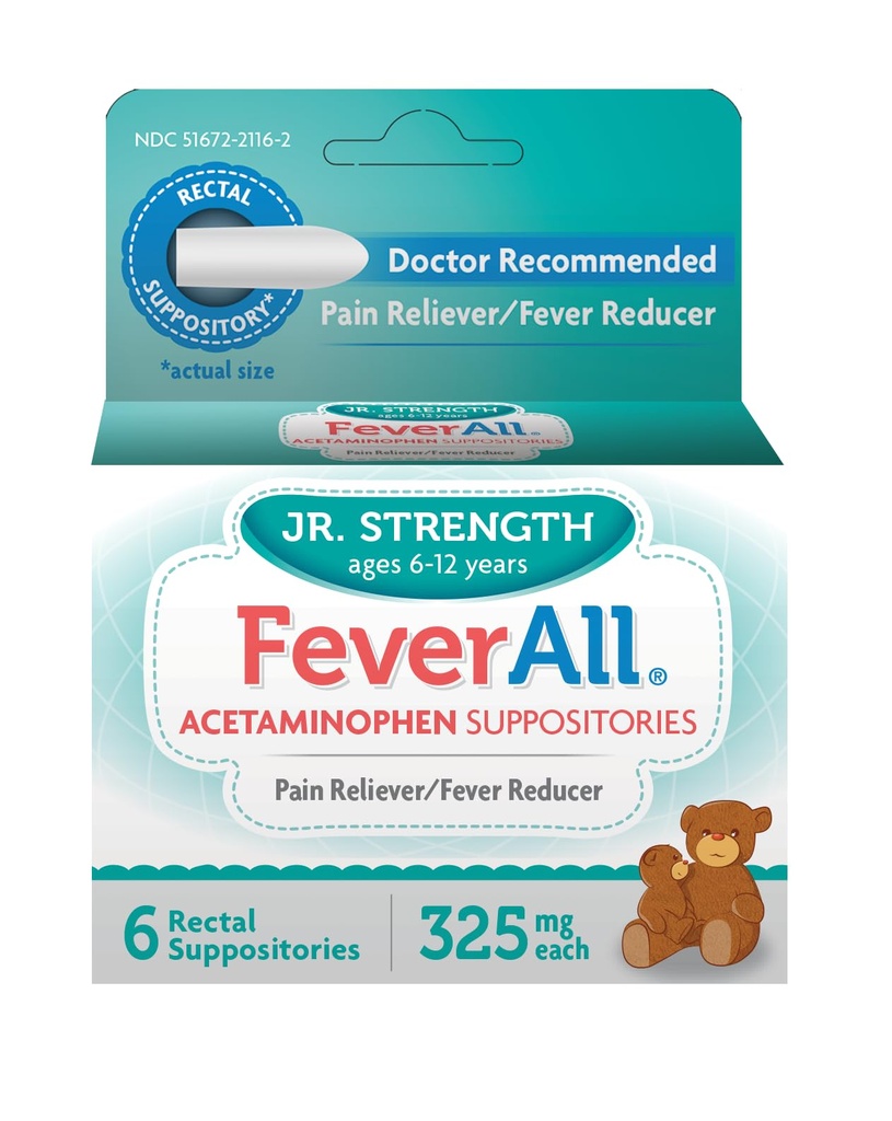 Feverall Otroci Acetaminophen Suppositories 6 Rectal Suppositories 325mg vsak bolečina Reliever / Fever Reducer. Paraben brezplačno, brez umetnih barv ali drugih konzervansov. Starost 6-12 let