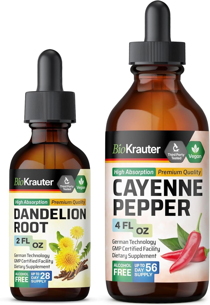 BIO KRAUTER Cayenne Pepper Tinkture 4 Fl. Oz. & Dandelion Tinkture 2 Fl. Oz.