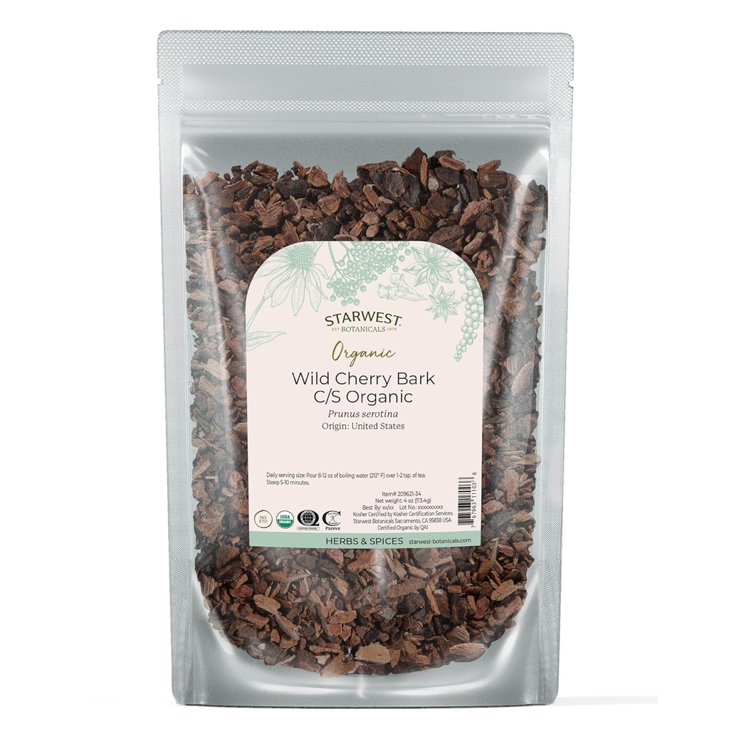 Starwest Botanicals Wild Cherry Bark Organic - Posušeno Loose List Herb za čaj, Syrup, & Natural Zeliščne mešanice, Prunus Serotina, Cut & Sifted, Certified Kosher, Non-GMO - 4 oz Pouch