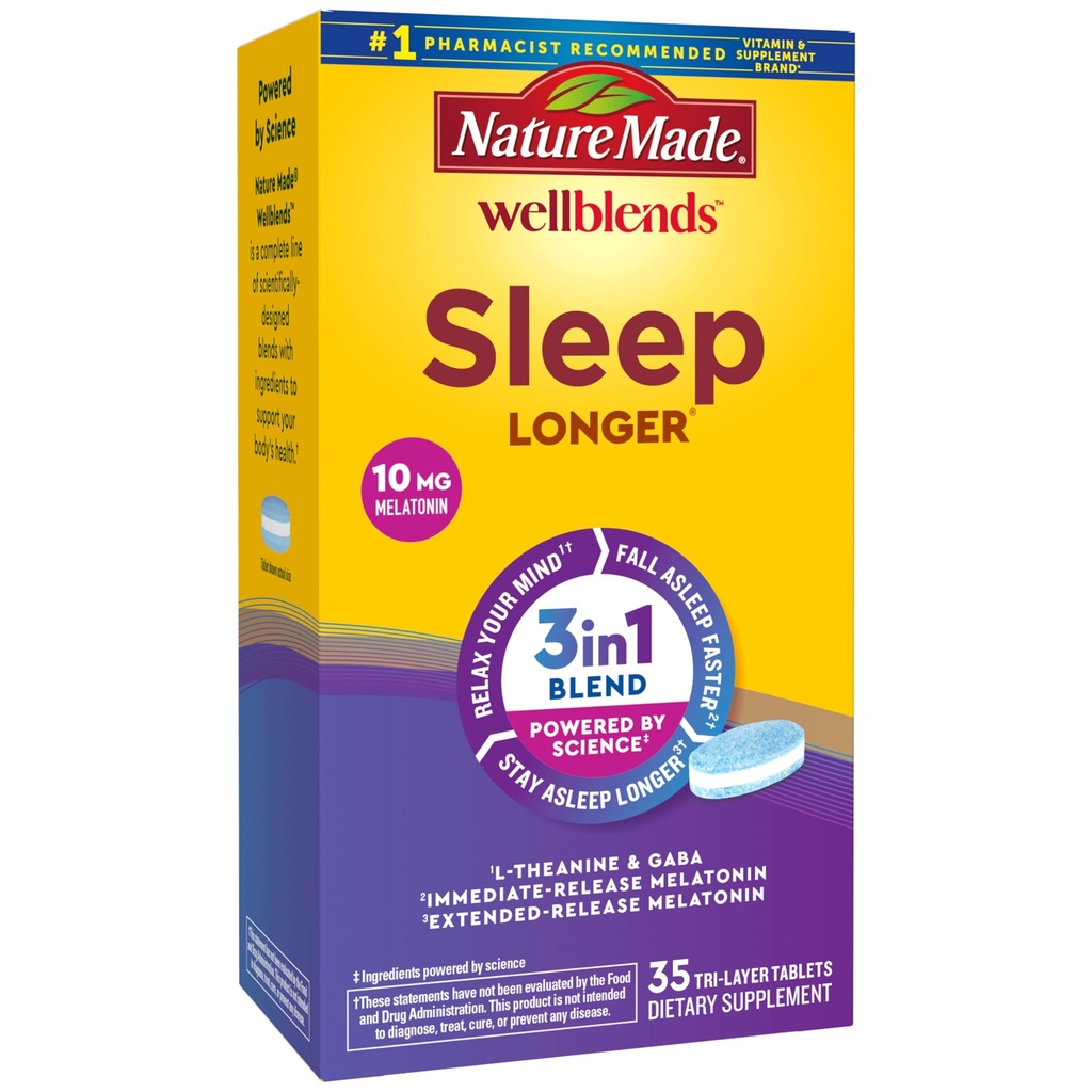 Narava Made Wellblends Sleep Daljši, Melatonin 10mg, L theanine 100 mg, in GABA 100mg, Sleep dodatek, 35 Tri-Layer tablete