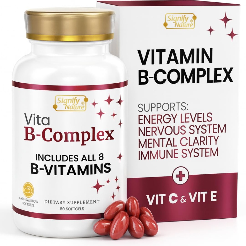 SIGNIFY NATURE VitaBComplex z vitaminom C in E, B kompleksni vitamini za ženske in moške, Bcomplex dodatki, VIT B1, B2, B3, B5, B6, B8, B9, B12, Super B Softgels - 60 CT