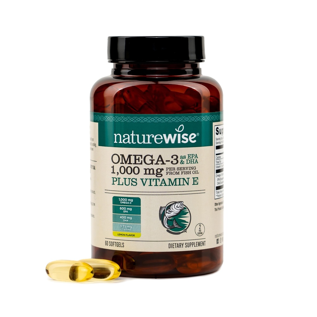 NatureWise Extra-Mongth Omega 3 ribje olje dodatek - 1000mg na Serving - 600 EPA & 400 DHA in vitamin E - Podpora za zdravje srca in možganov - Lemon Flavor, GSO-free - 60 Softgels[1-mesečna zaloga]