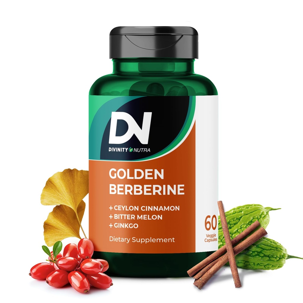 4-v-1 Golden Berberine Supplement s Ceylon Cinnamon Bitter Melon Ginkgo, Boosts Immunity, Gut & Heart Health,60 Kapsule za podporo presnovi,Made v ZDA