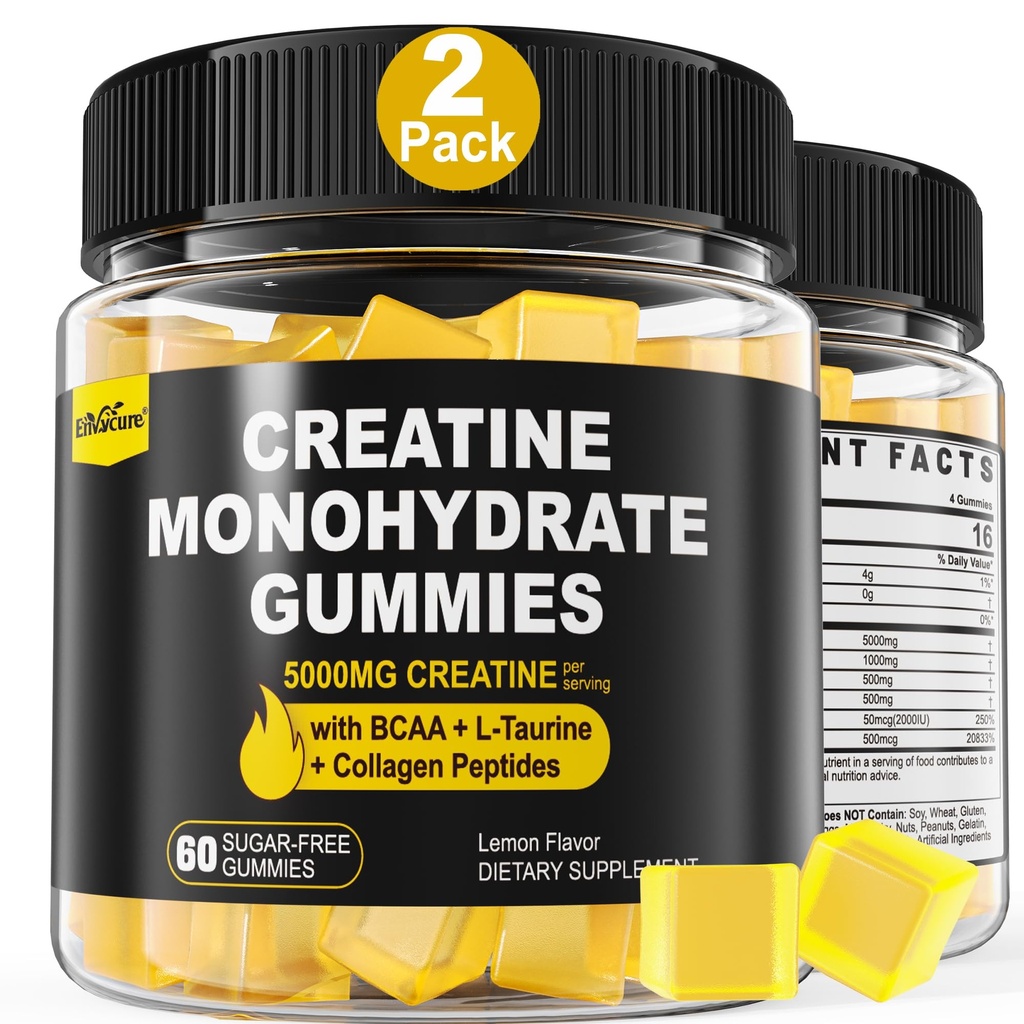Kreatin monohidrat Gumiji za moške in ženske - z BCAA, kolagen peptidi, L-tavrin, vitamin B12, D3, žvečljivi kreatin monohidrat 5g na serviranje, naravna limonina aroma, sladkor brez, 2 pakiranji