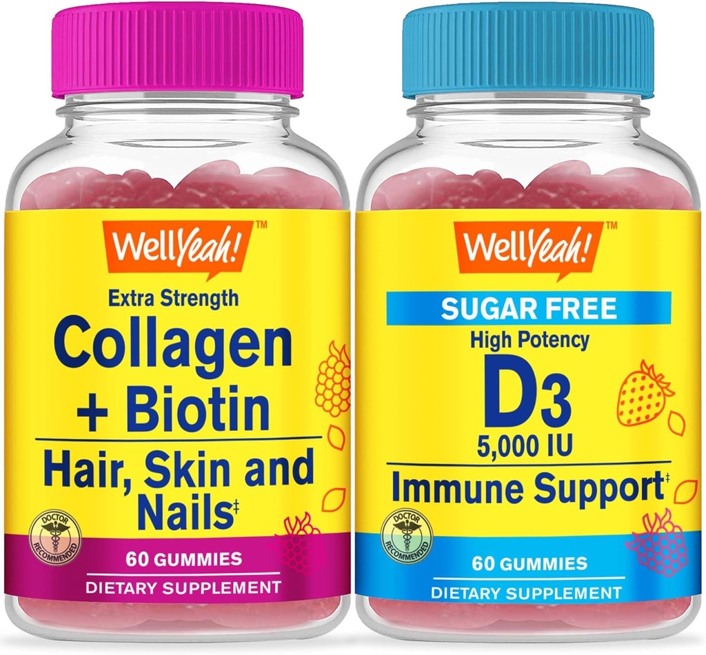 WellYea colagen+Biotin + vitamin D3 5000 i.e. brez sladkorja, gumijasti kosmiči - odličen okus, dodatek vitaminov, brez glutena, brez GSO, žvečljivi gumi