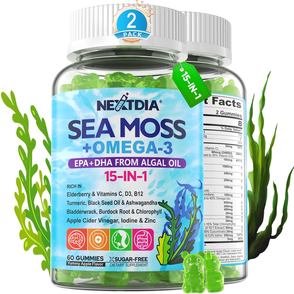 Sea Moss Gumies + Algae Omega-3 za odrasle, 15-IN-1 Organic Irish Sea Moss Superfood z/Vitamini C D3 B12, Kurkurji, Bladderdrack, Podpira energijo, možgani, Imunska, Dnevna Vitalnost, Sladkor brez, 120 Cts