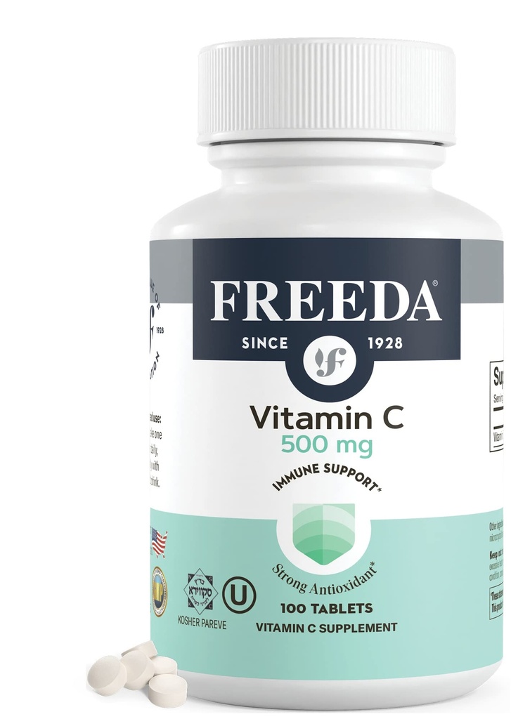 FreeDA Vitamin C - Vegan Vitamin C 500mg - Košir - Močna antioksidant Imunska podpora - Enostavno požiranje Vitamin C Tablete kot Askorbinska kislina - Čisti vitamin C 500 mg - VIT C dodatek (100 število)