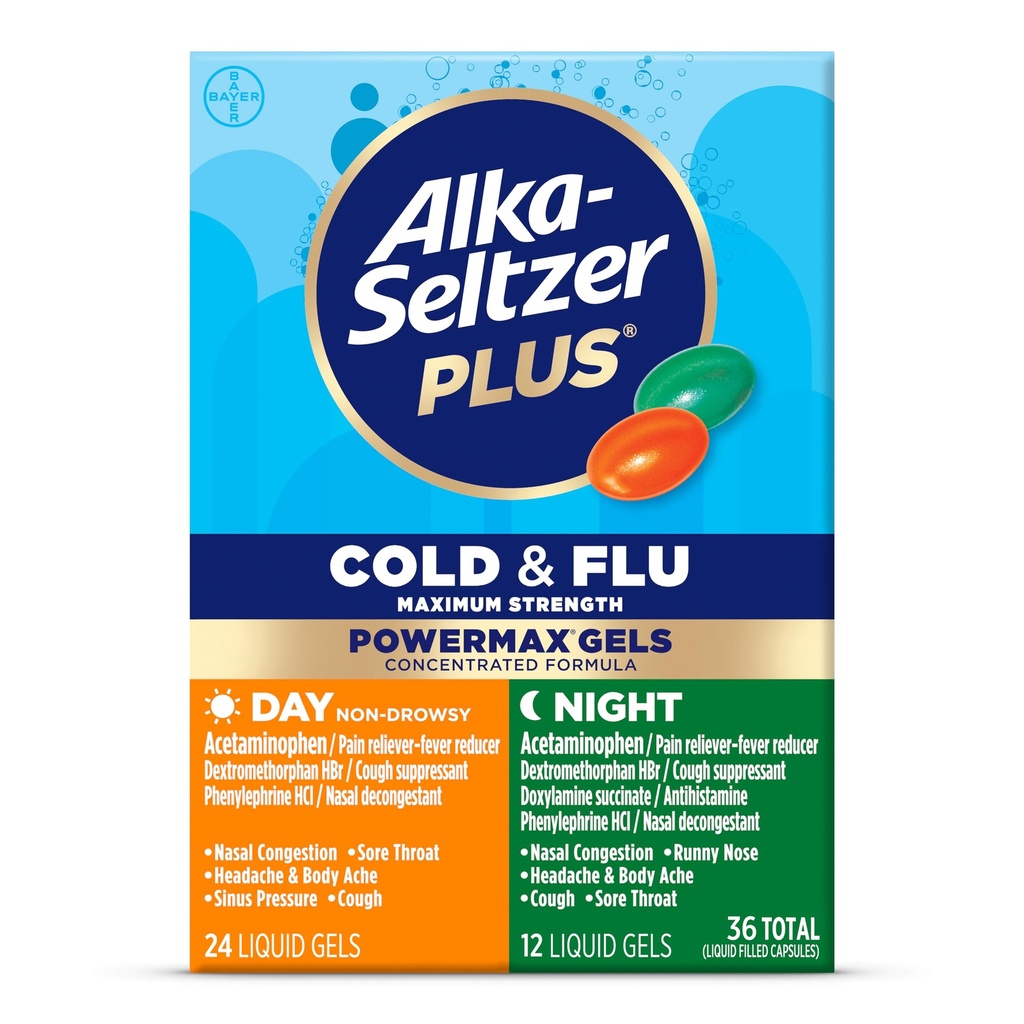Alka-Seltzer Plus moč Max Cold & Flu Day+Noč Medicina: Cough Supress, Cold in Flu Medicine za odrasle in otroke 12 let in starejši, 36 Število, pakiranje maj Vary