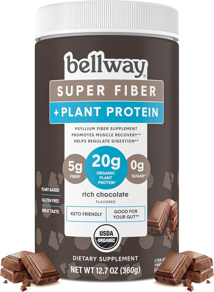 Bellway Super Fiber + Beljakovine v prahu, brez sladkorja Organski Psylium Husk Fiber dodatek v prahu z 20g rastlinskih beljakovin na strežbo, bogata čokolada, 12.7 oz