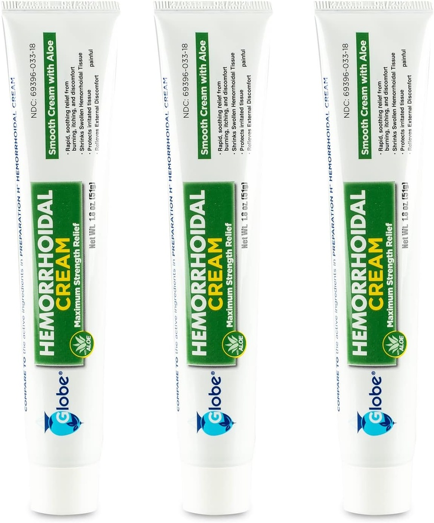 Globe (3 paket) Hemoroidna krema, Relief z Aloe, (1.8 Ounce Tube) Relief od hemoroidov, Piles, Srbenje, Burning, Nelagodje, & več