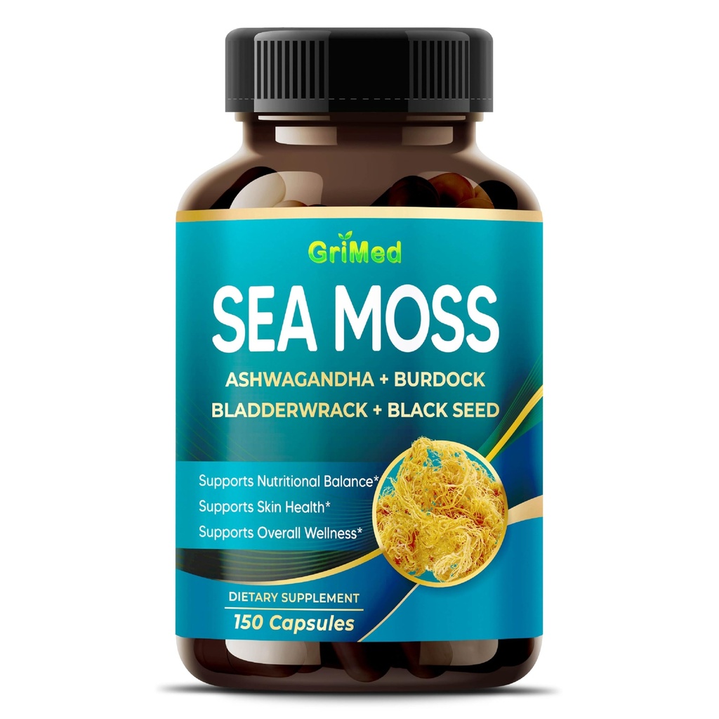 Premium Sea Moss z Ashwagandha, Burdock Bladderwrack, Črno seme za imunski sistem, kožo, Digestion & Energy- Izdelano v ZDA (150 Število (Pack od 1))
