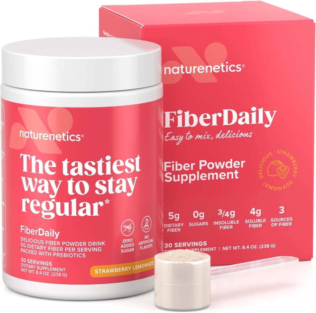 FiberDaily Delicious Fiber Powder - Organic Psyllium Husk, Agave Inulin & Sunfiber® Guar Gum Jagoda limonada pijača, brez sladkorja, topen Fiber, Prebiotic Fiber dodatek, Vegan, 30 Servinges