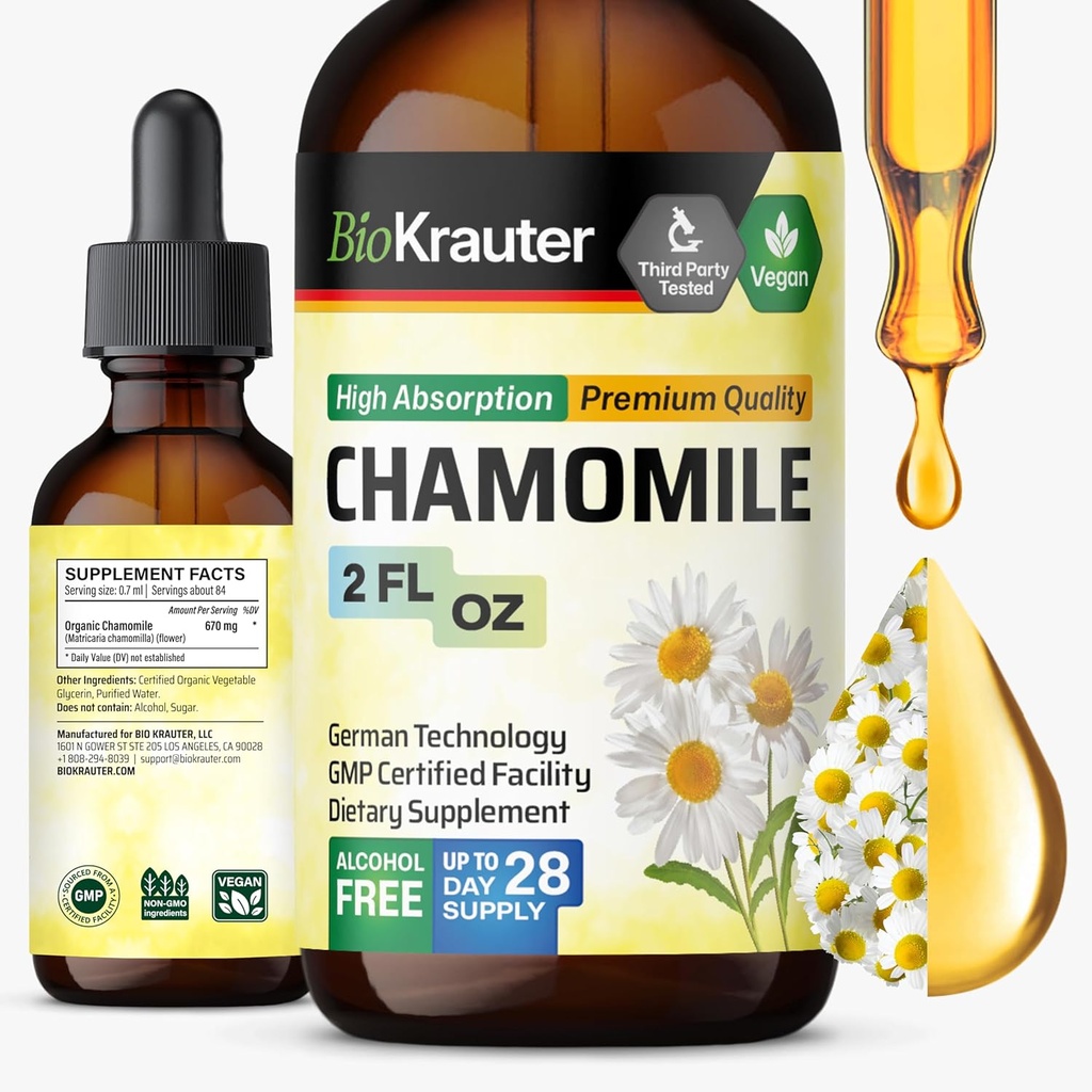 BIO KRAUTER Kamilice Cvetje Tinktura - Kamilica ekstrakt - Vsebuje Apigenin - Dopolnilo za sprostitev in mirno podporo - Alkohol in sladkor brez - Veganske kapljice 2 Fl.Oz.