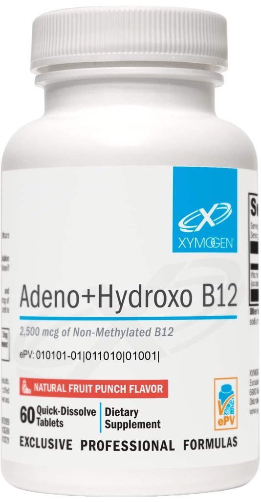 XYMOGEN Adeno+Hydroxo B12 - nemetiliran (2.500mcg) - hitro razsoljen B12 Lozenges z Adenosylkobalaminom B12 + hidroksokobalamin - kognitivna podpora, aroma sadnih punc (60 tablet)