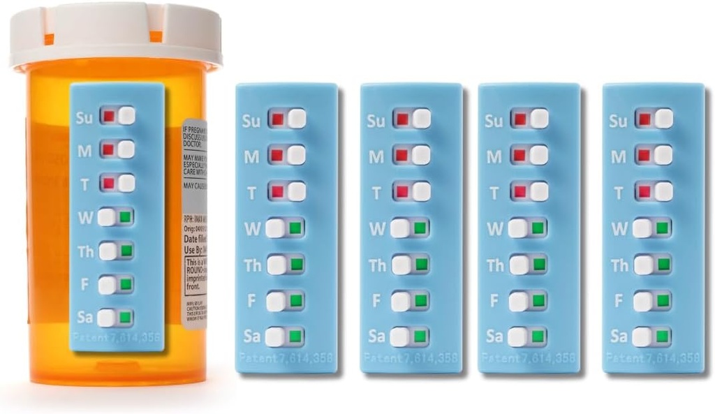 Take-n-Slide Peel in palico je mogoče ponovno polniti za 12 +, tablete/zdravilo/vitamin/Pet Med Tracker & Opyer, Pripnite na svojo steklenico, Organizator-free, Curved nazaj (modra, 5-Pack)